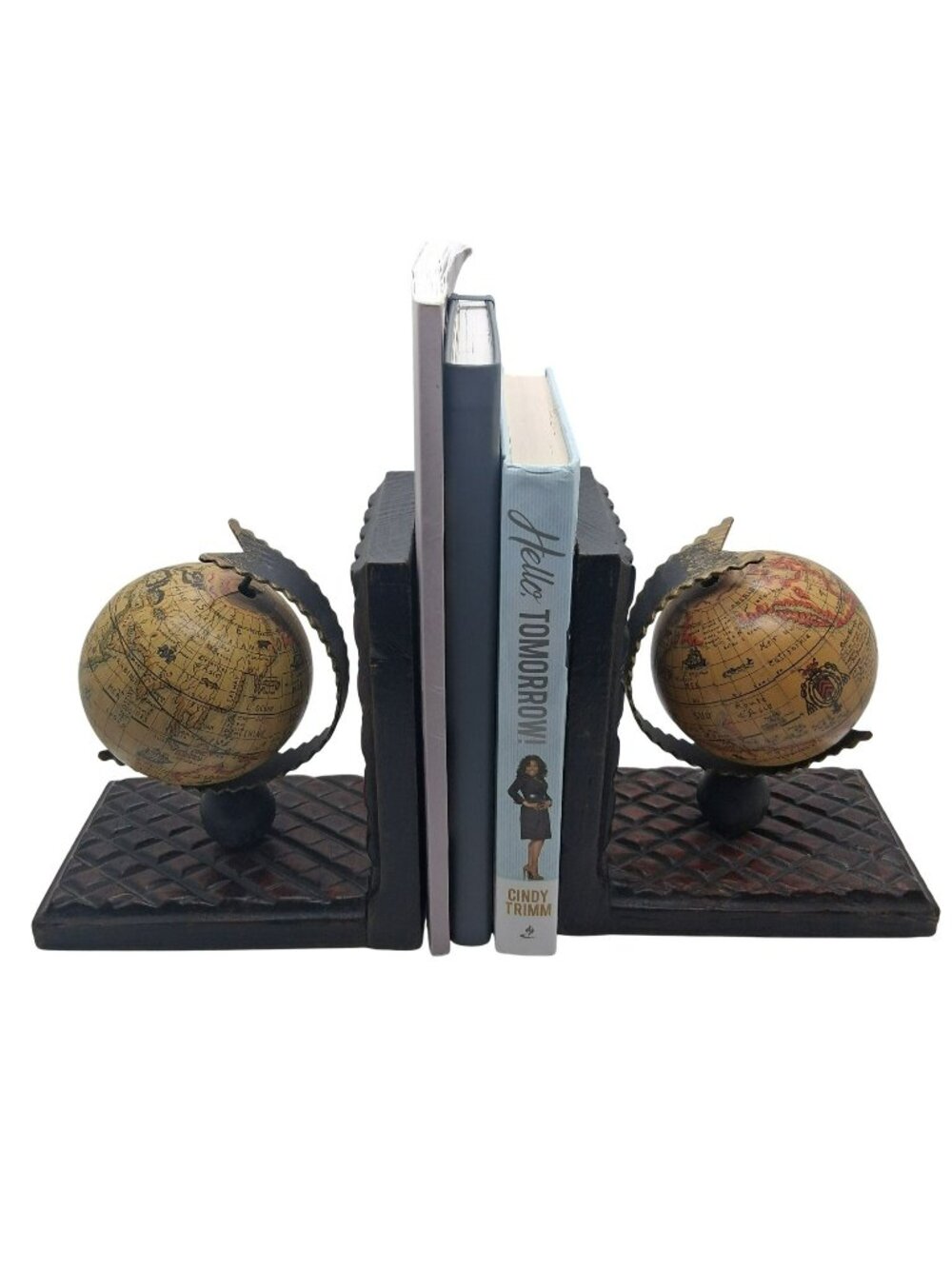 Vintage Globe Bookends Wood & Metal Rustic MCM Academia Design Made In Spain